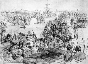 The Matabele Insurrection: A false alarm in Bulawayo, townspeople rushing into Laager, published in 